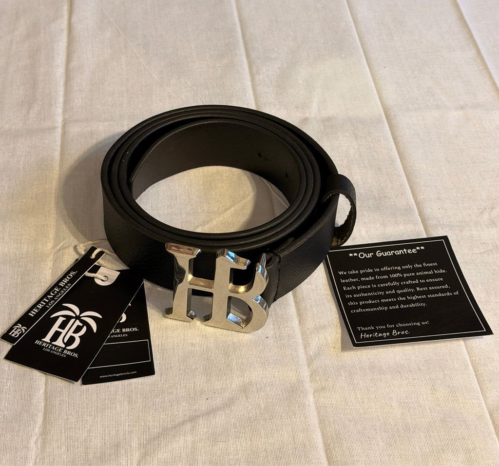 HB Buckle Leather Belt – Black with Silver Buckle