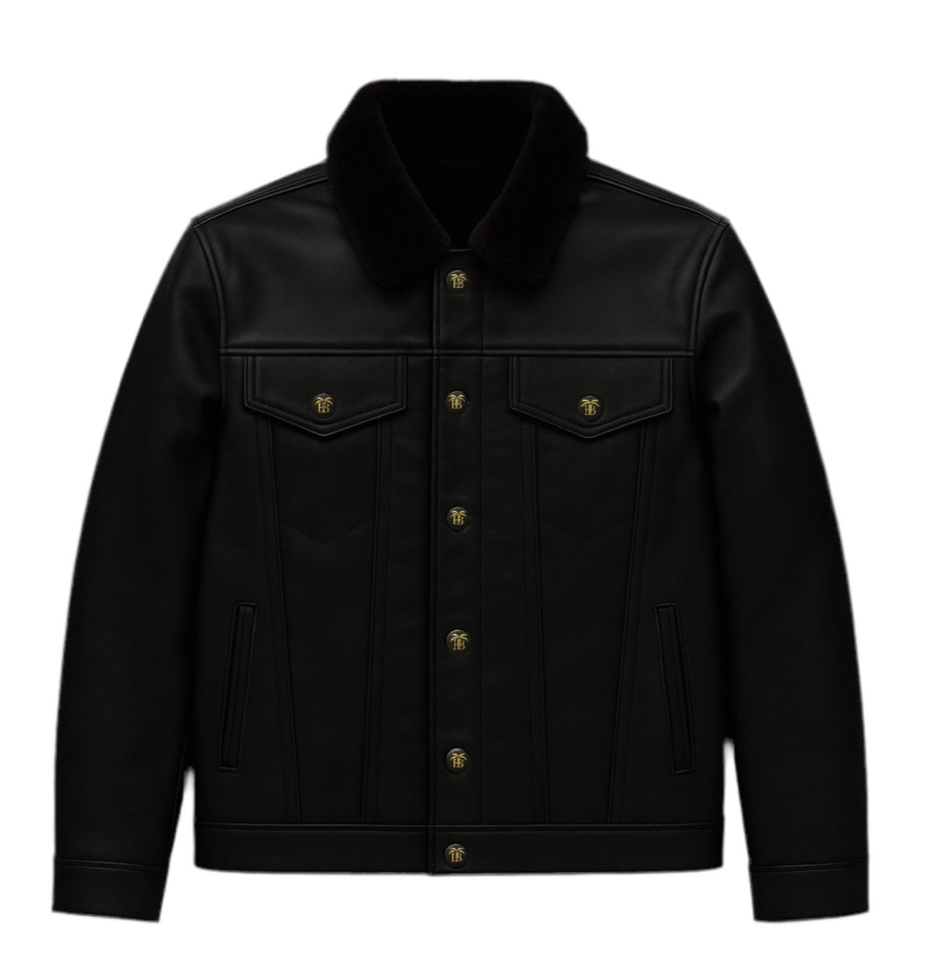 Heritage Bros. Black Leather Jacket with Shearling Collar