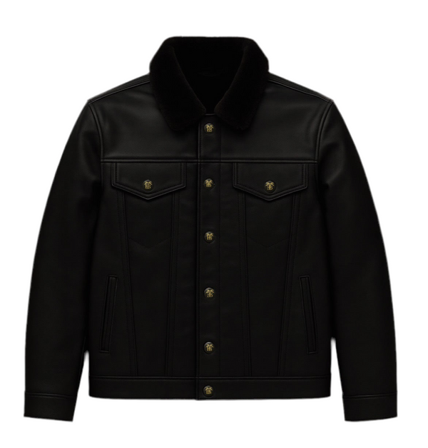 Heritage Bros. Black Leather Jacket with Shearling Collar