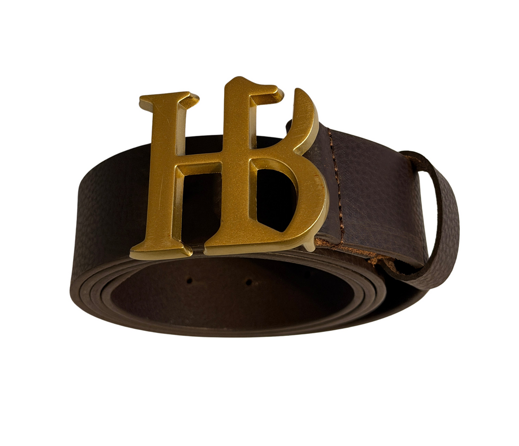 HB Buckle Leather Belt – Brown with Gold Buckle