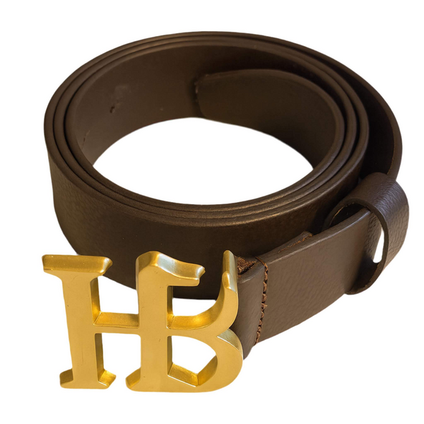 HB Buckle Leather Belt – Brown with Gold Buckle – HeritageBros