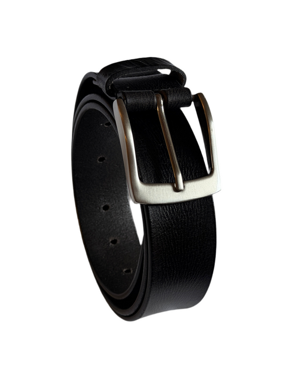 Classic Leather Belt – Black with Polished Metal Buckle