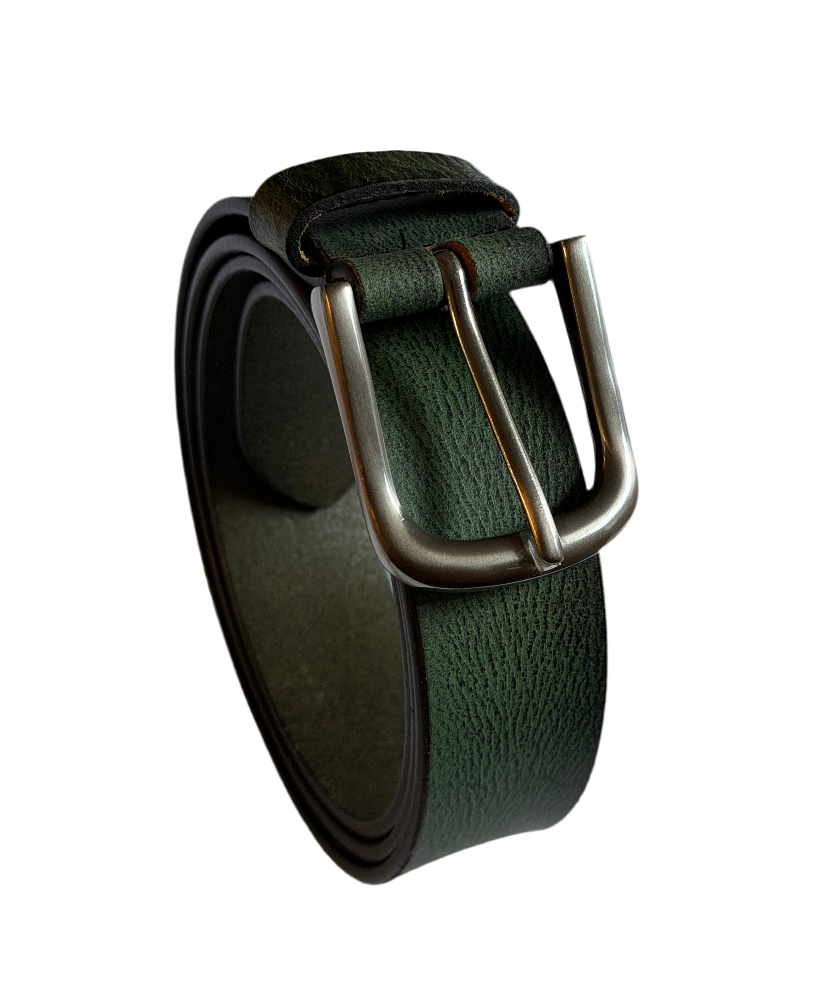 Classic Leather Belt – Olive Green with Polished Metal Buckle