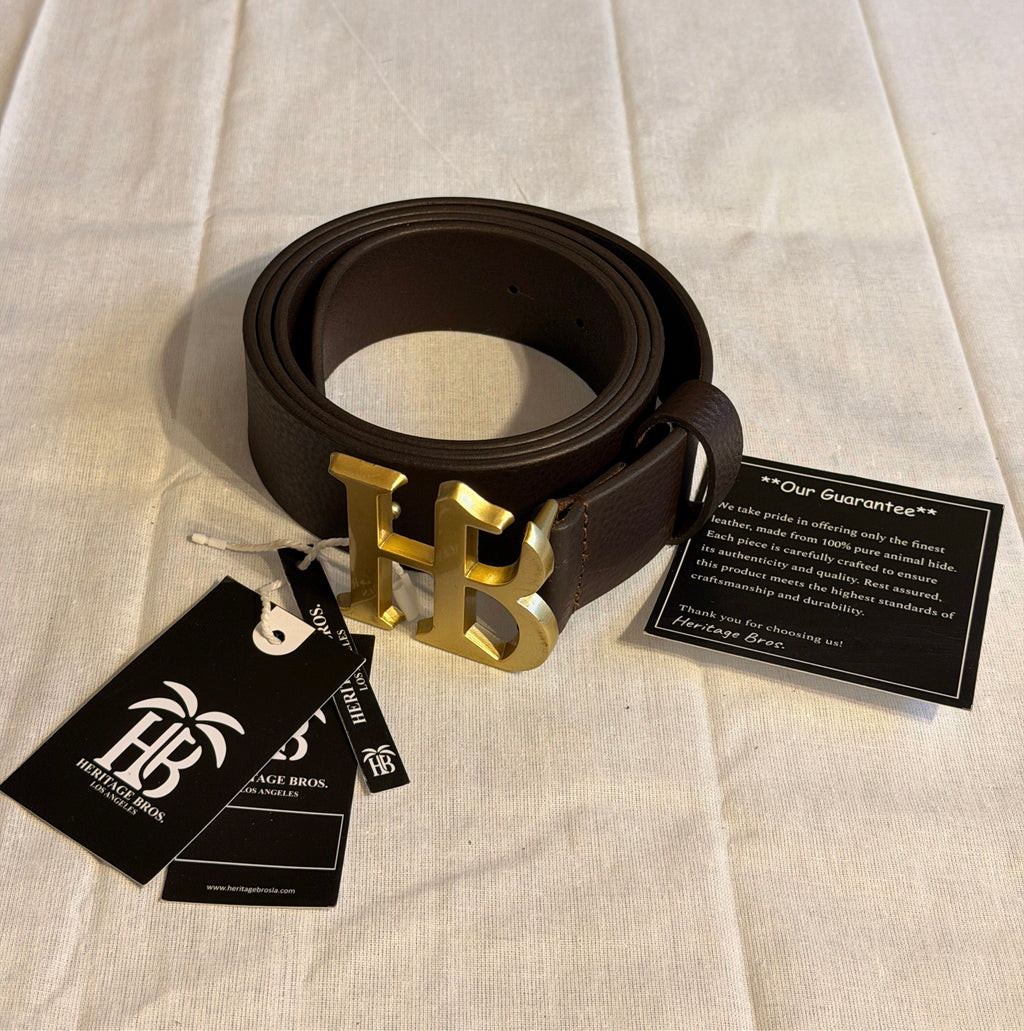 HB Buckle Leather Belt – Brown with Gold Buckle
