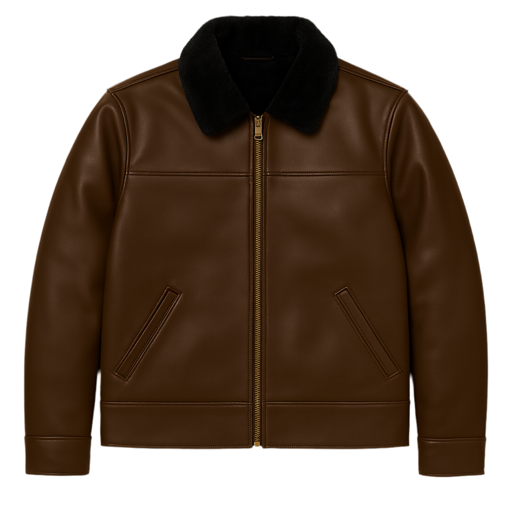 Heritage Bros Dark Brown Leather Jacket with Black Fur Collar