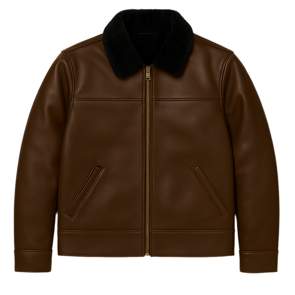 Heritage Bros Dark Brown Leather Jacket with Black Fur Collar