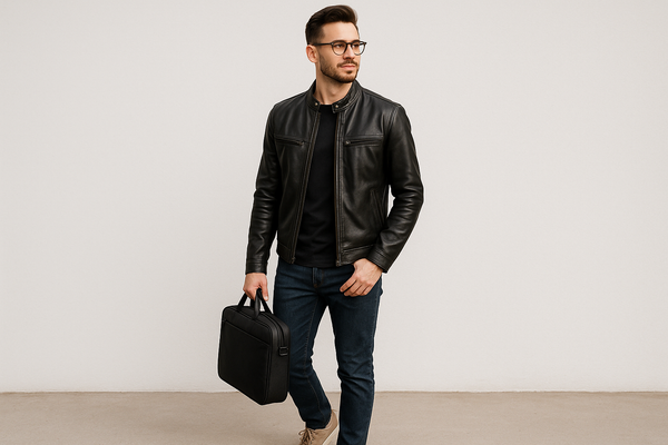 person wearing leather jacket shoes and laptop bag in hand
